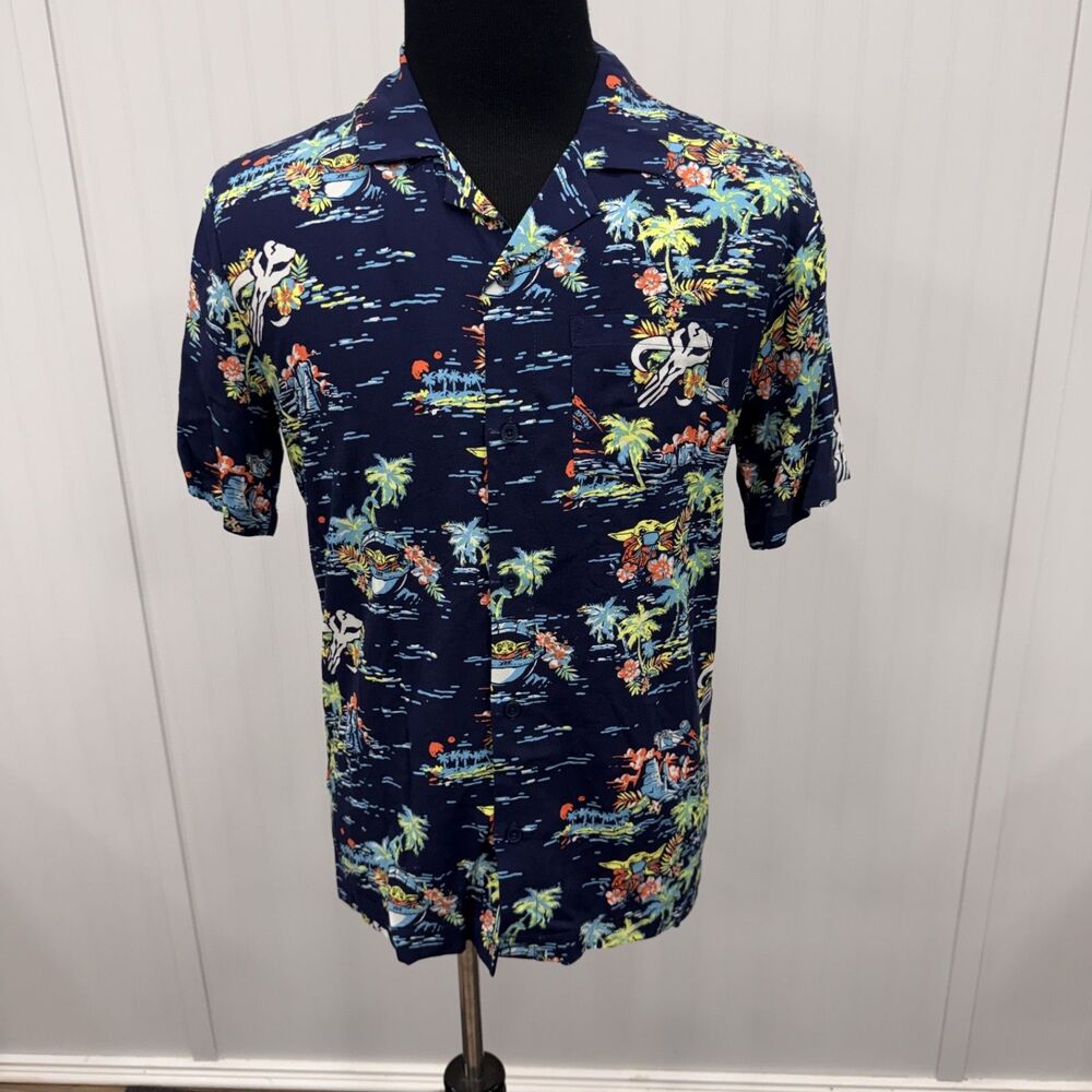 Star Wars Men's Medium Blue Tropic Baby Yoda Button-Front Hawaiian Shirt